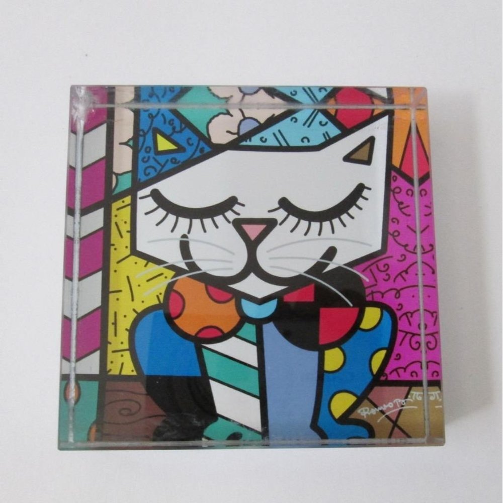 Britto Happy Cat Paperweight Remero Abstract Art Square Glass  -Flaws-